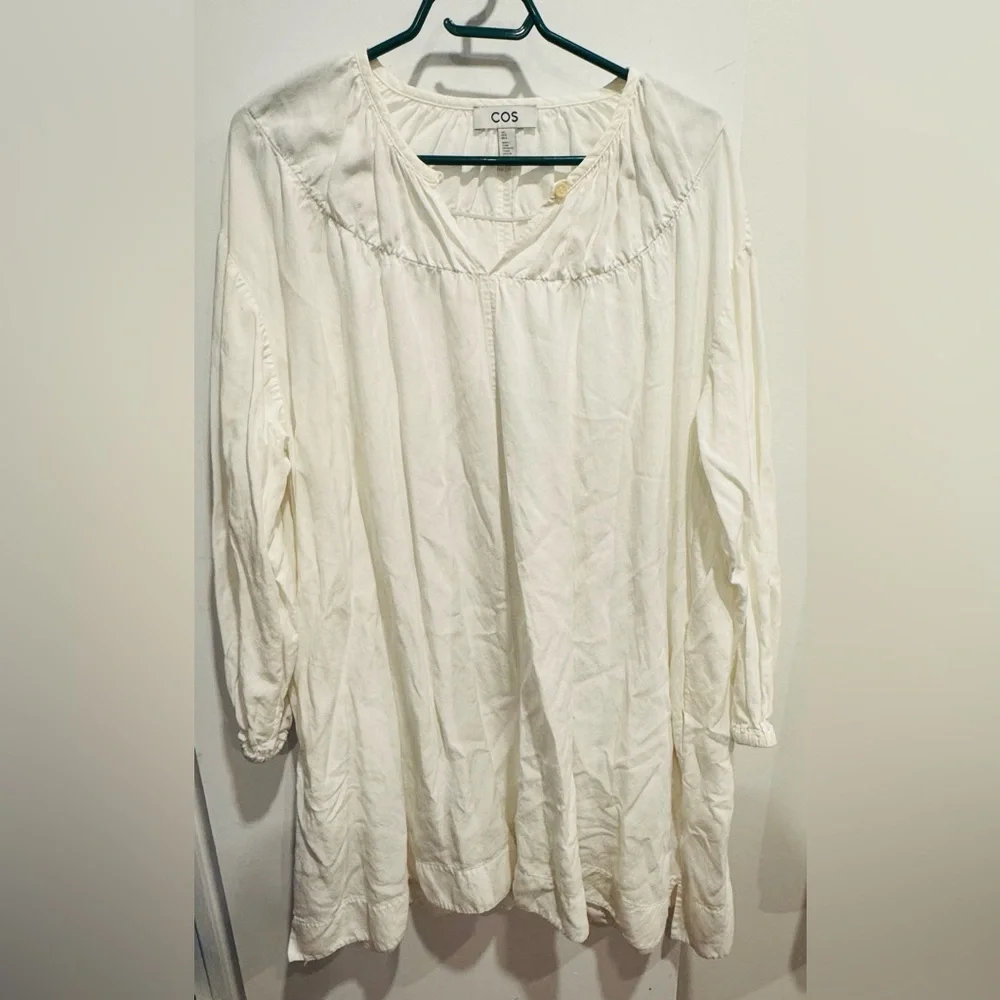COS Oversized Gathered Mini Dress Tunic white linen tencel mod boho street L - Picture 4 of 8